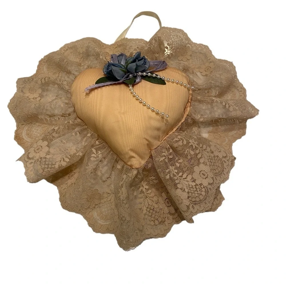 Heart Pillow Peach Shabby Chic Lace Ring Bearer Wedding Cottage Core Victorian